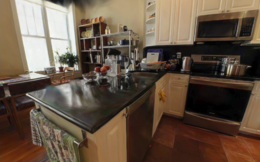 A New York kitchen through the Stereolabs ZED X 2.2 mm lens, with its barrel distortion