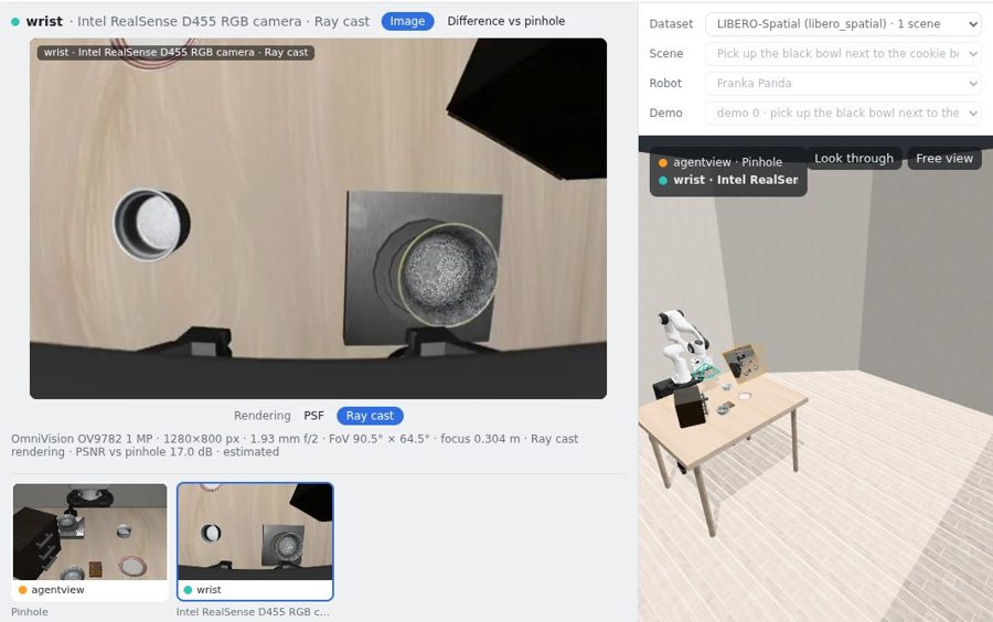 A LIBERO demo replayed through a RealSense D455 on the robot's wrist, next to the 3D scene