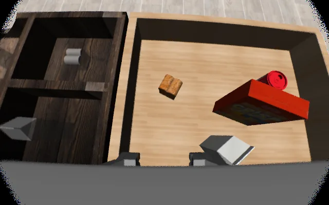 A robot's wrist camera over a bin of groceries, through a real camera's lens (ray-traced)