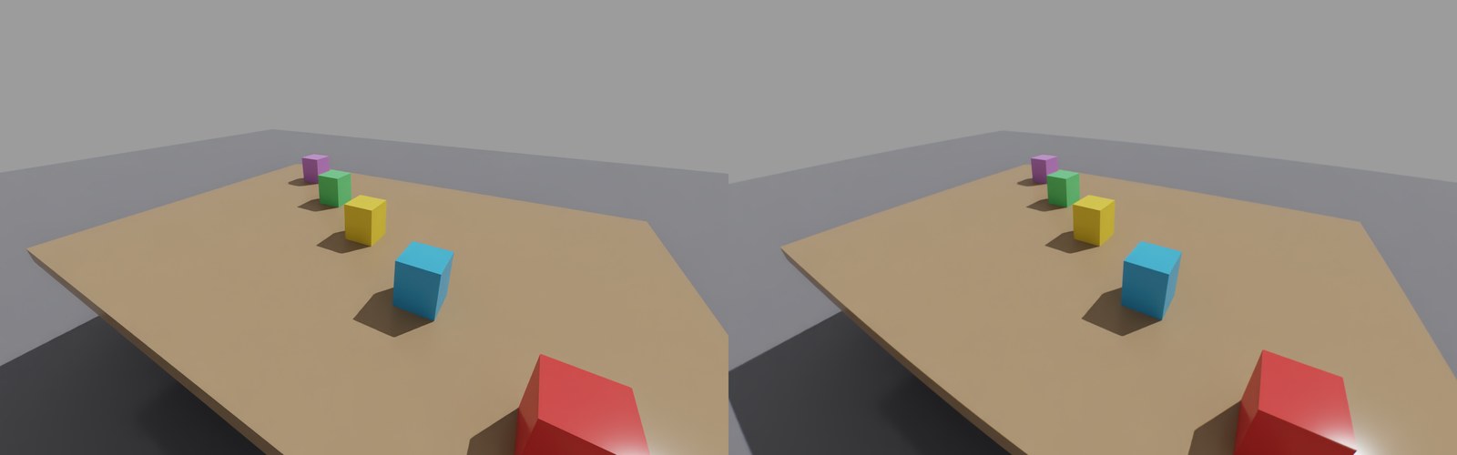 A USD tabletop seen by the Isaac pinhole camera (left) and through the ZED X 2.2 mm lens (right)
